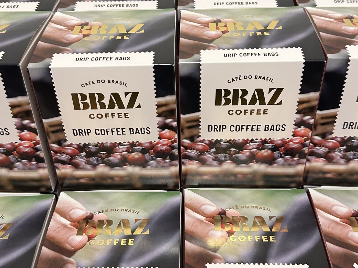 Stacks of Braz Drip Coffee Bags retail boxes